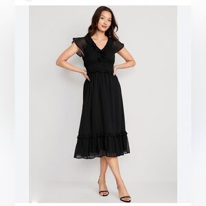 Old Navy Waist-Defined Flutter-Sleeve Midi Dress in Blackjack